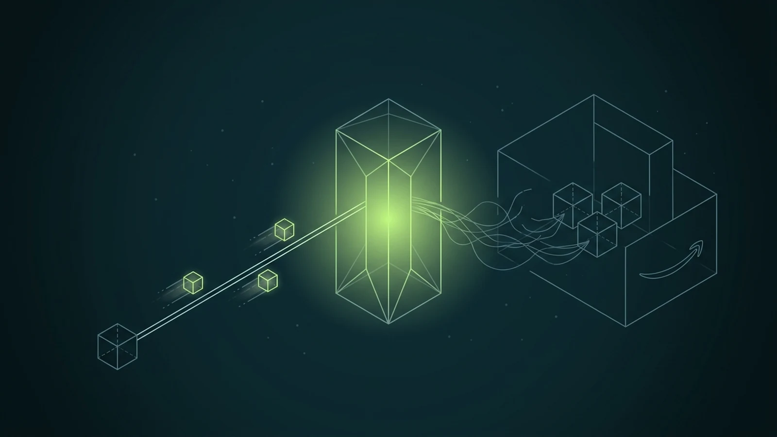 Isometric wireframe diagram of Kafka clients reaching AWS MSK brokers across separate network boundaries through a single entry point, with data packets in flight.