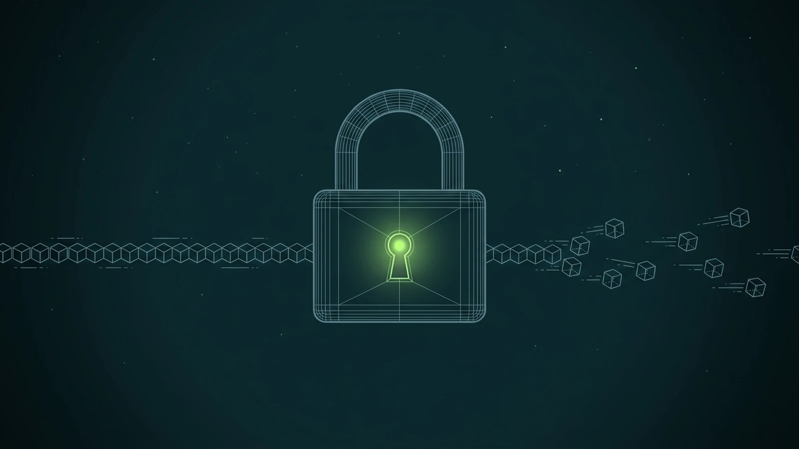 Isometric wireframe illustration: a glowing lime key on the near side powers a gateway portal; a plaintext data cube passes through it and exits as a sealed, padlocked cube heading toward a Kafka broker cluster that can't open it.
