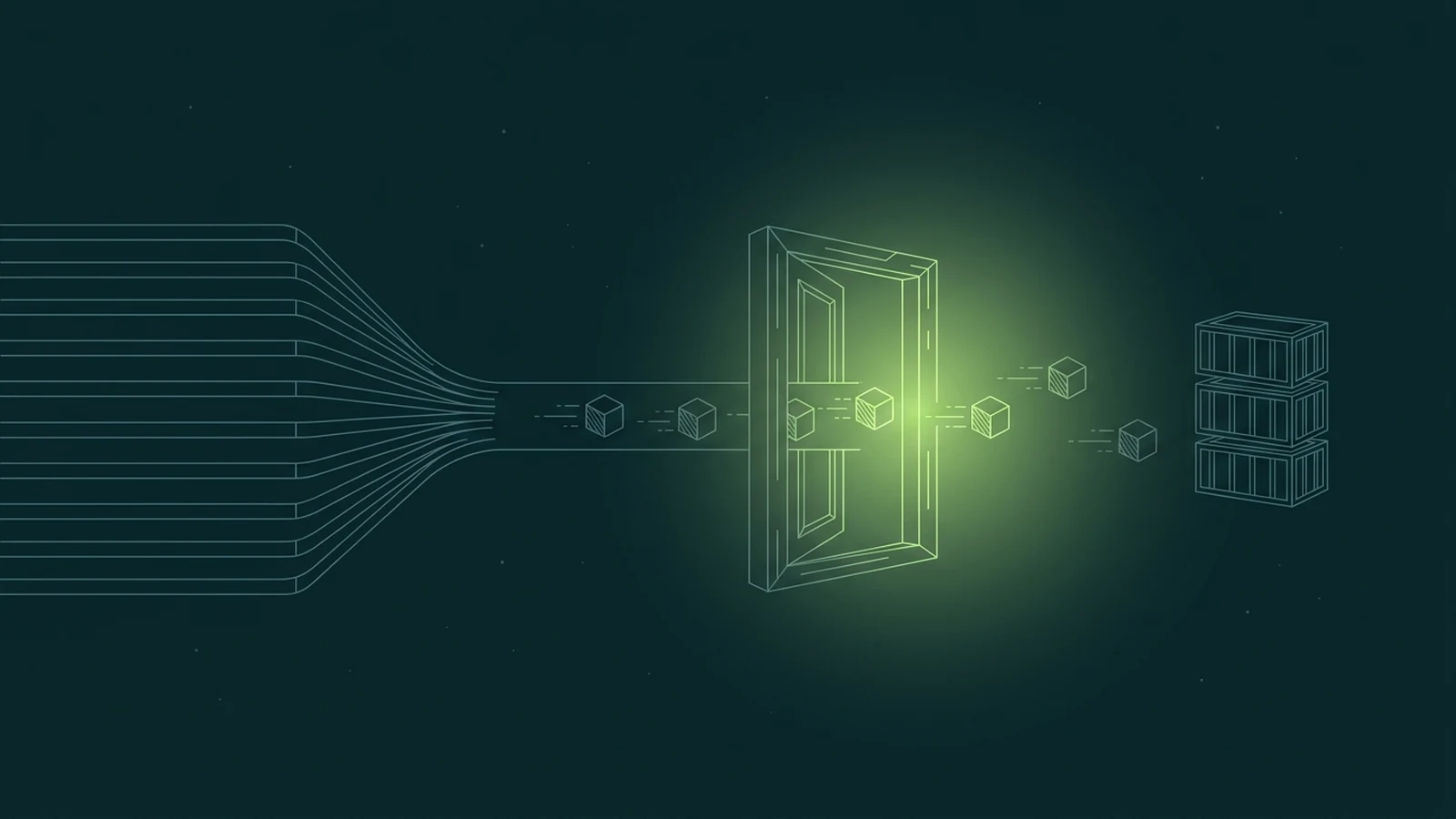 Wireframe line-art on dark teal: many separate lanes on the left merge into a single channel that passes through one lime-lit gateway doorway, where data-packet cubes stream through in flight toward a small stack of broker boxes on the right.