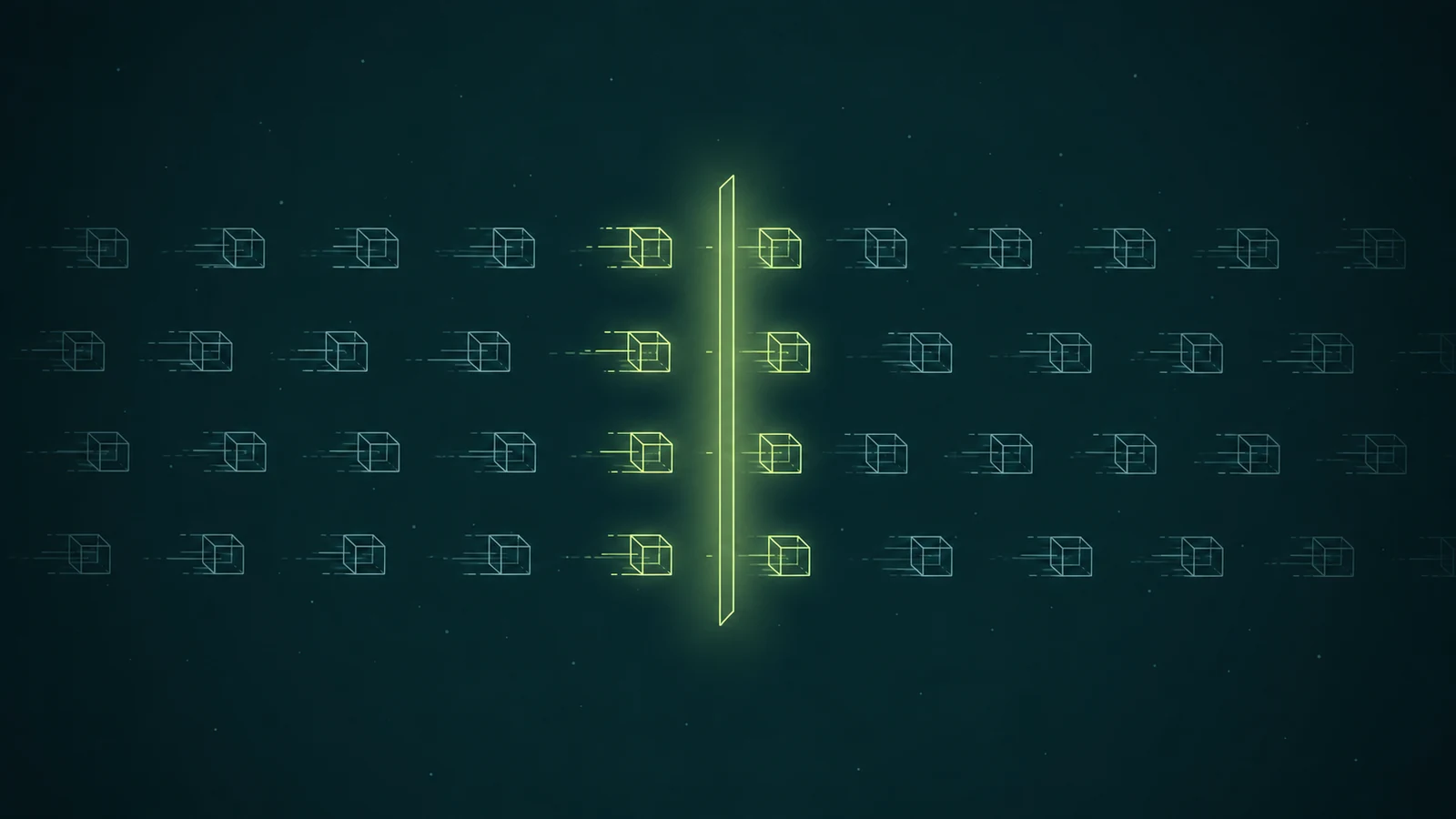 Rows of wireframe data packets streaming left to right on a dark teal field. A single glowing lime gate stands across their path, and the packets on either side of it are lit while the rest stay faint.