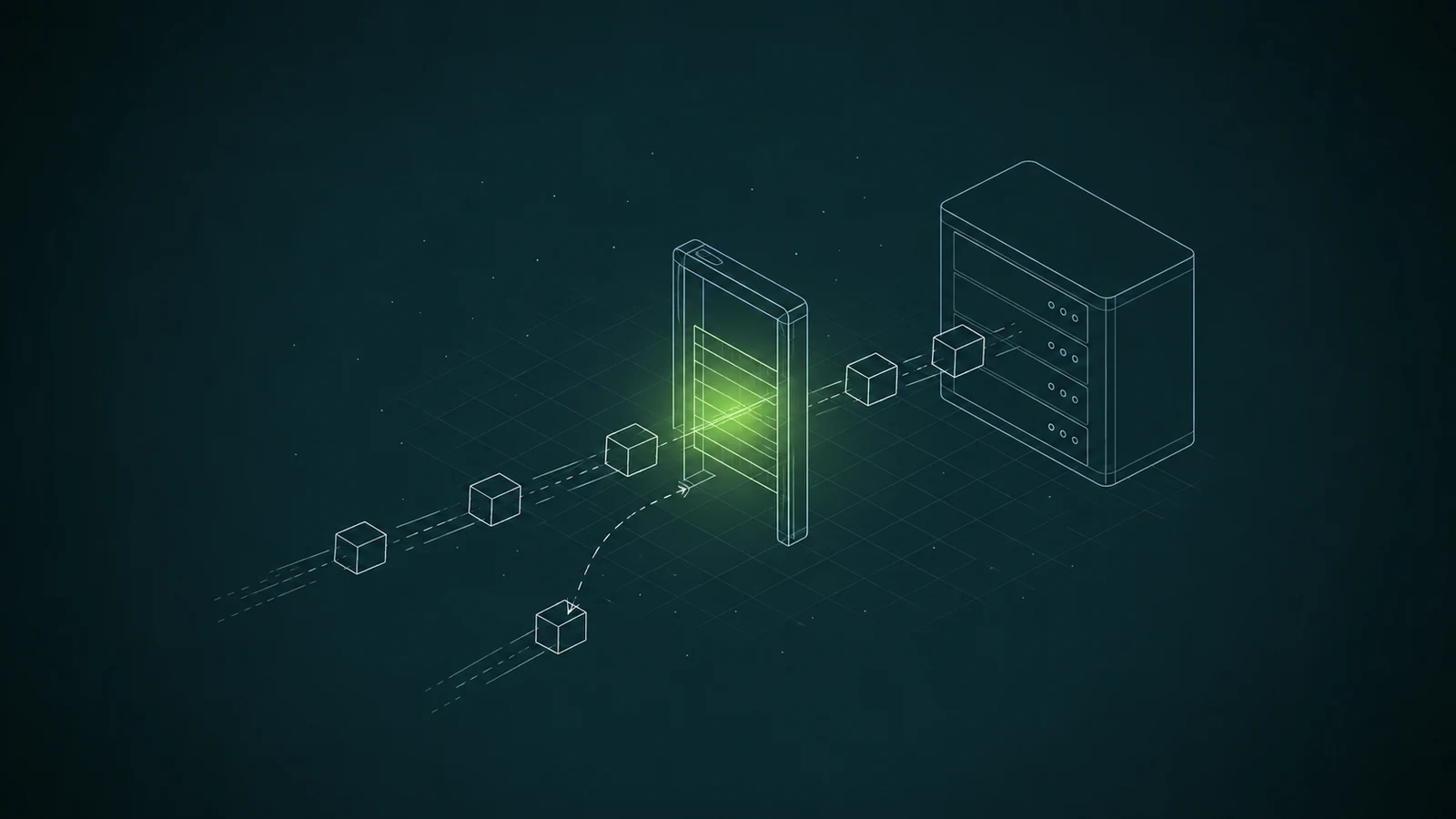 Isometric wireframe: data-packet cubes stream through a glowing lime gate into a schema registry, with one cube turned away before the gate