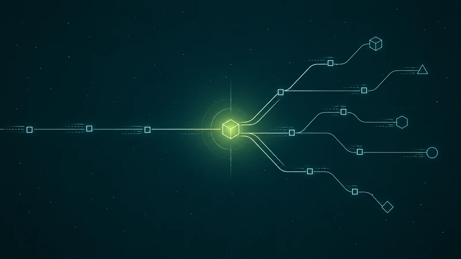 Line drawing on dark teal of one stream of data packets running into a glowing lime cube, which splits it into six paths that branch off to different shapes, in mist teal on a starfield.