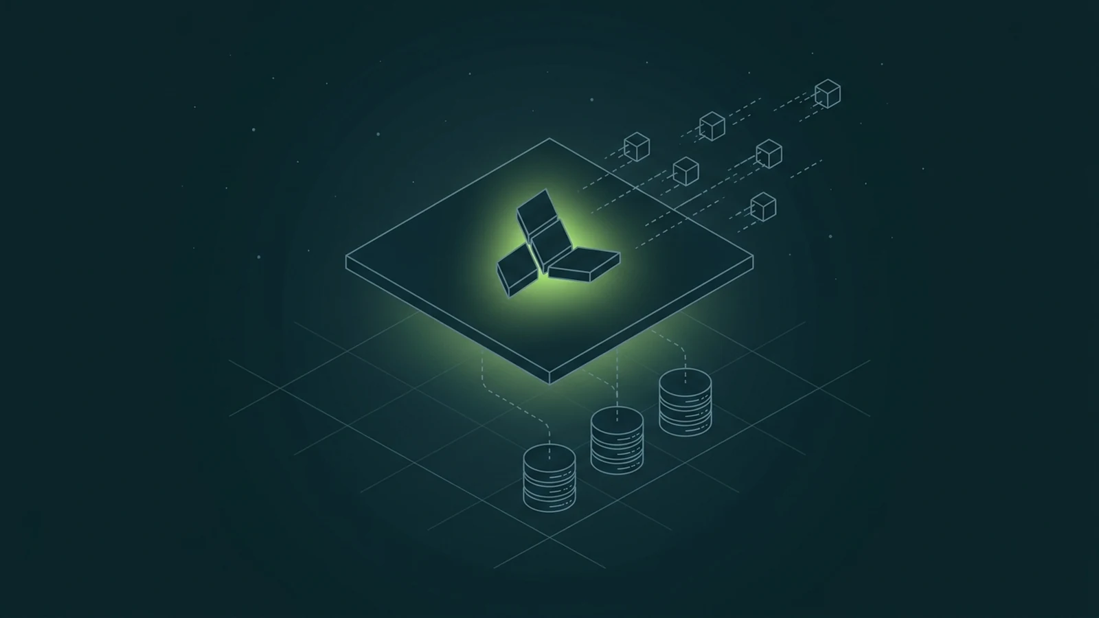 Wireframe line-art on dark teal: an isometric control-plane slab carrying a lime-backlit Terraform logo mark, data-packet cubes streaming off it in flight, and thin threads governing three Kafka broker stacks below.