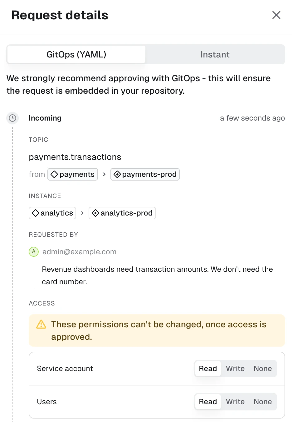 Request details in Conduktor Console: the analytics-prod instance asks the payments application for Read access to the payments.transactions topic, with the message Revenue dashboards need transaction amounts, we don't need the card number, and a choice to approve through GitOps YAML or instantly