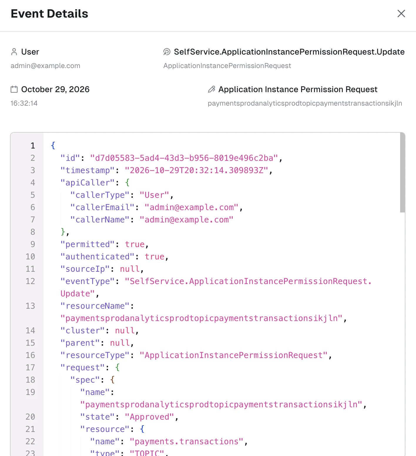Event details in the Conduktor Console audit log: event SelfService.ApplicationInstancePermissionRequest.Update by admin@example.com on October 29, 2026, with state Approved for the topic payments.transactions