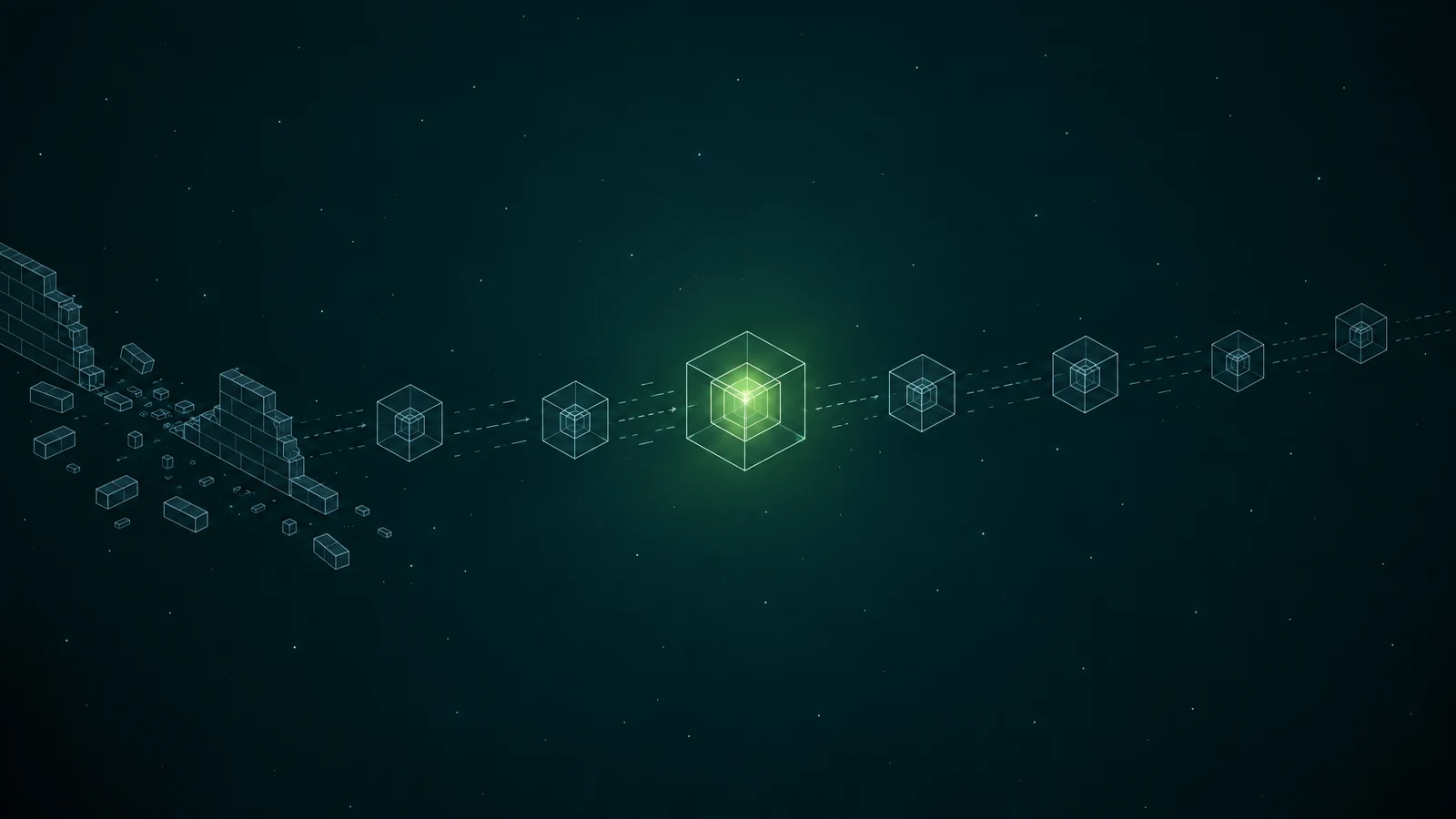On a dark teal field, a broken wireframe perimeter wall lies open on the left. A stream of data cubes flows right, each wrapped in its own wireframe shell, and the shell of the central cube glows lime from inside.