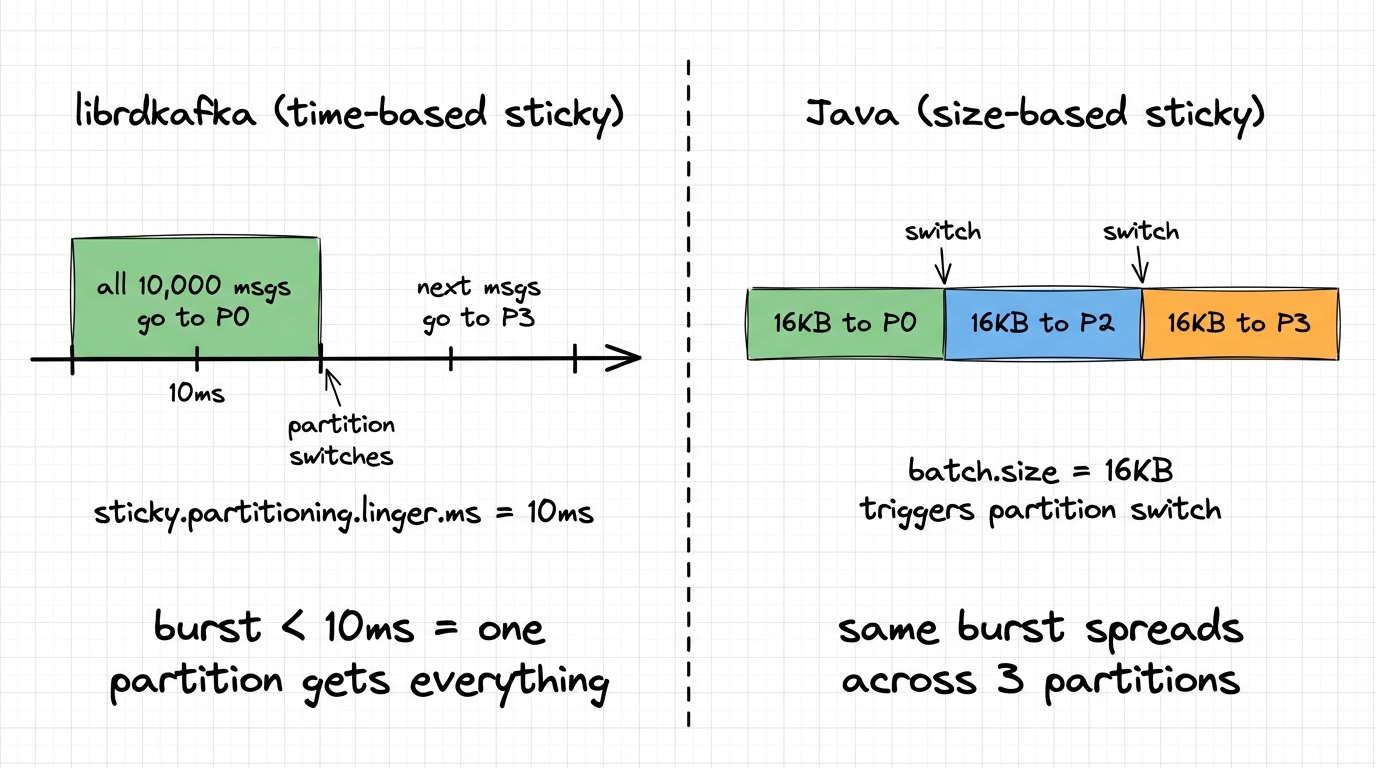 Null-key partition distribution: librdkafka time-based sticky vs Java size-based sticky