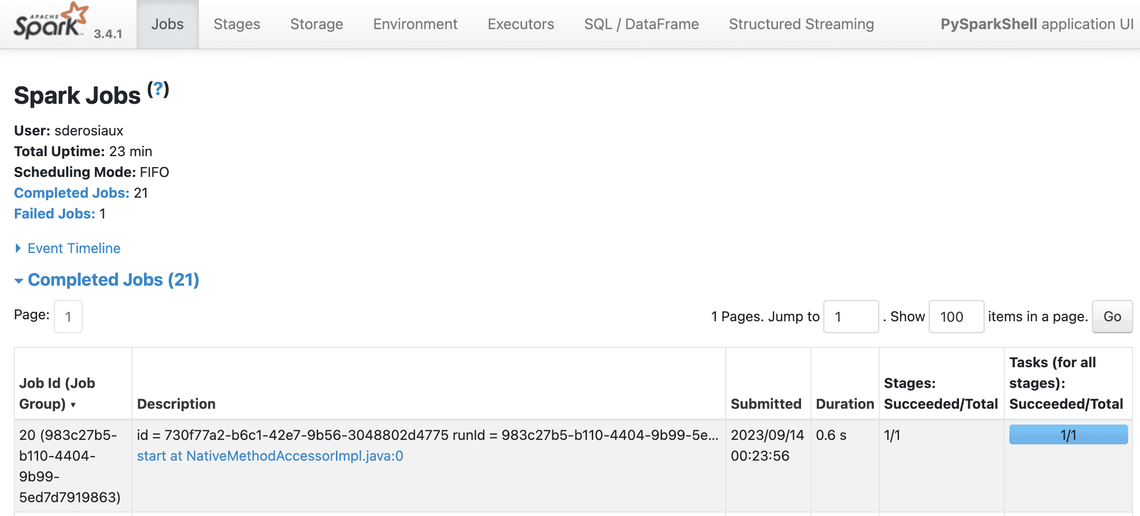 Screenshot of the local PySpark web UI running on localhost:4040 showing the Spark master and worker