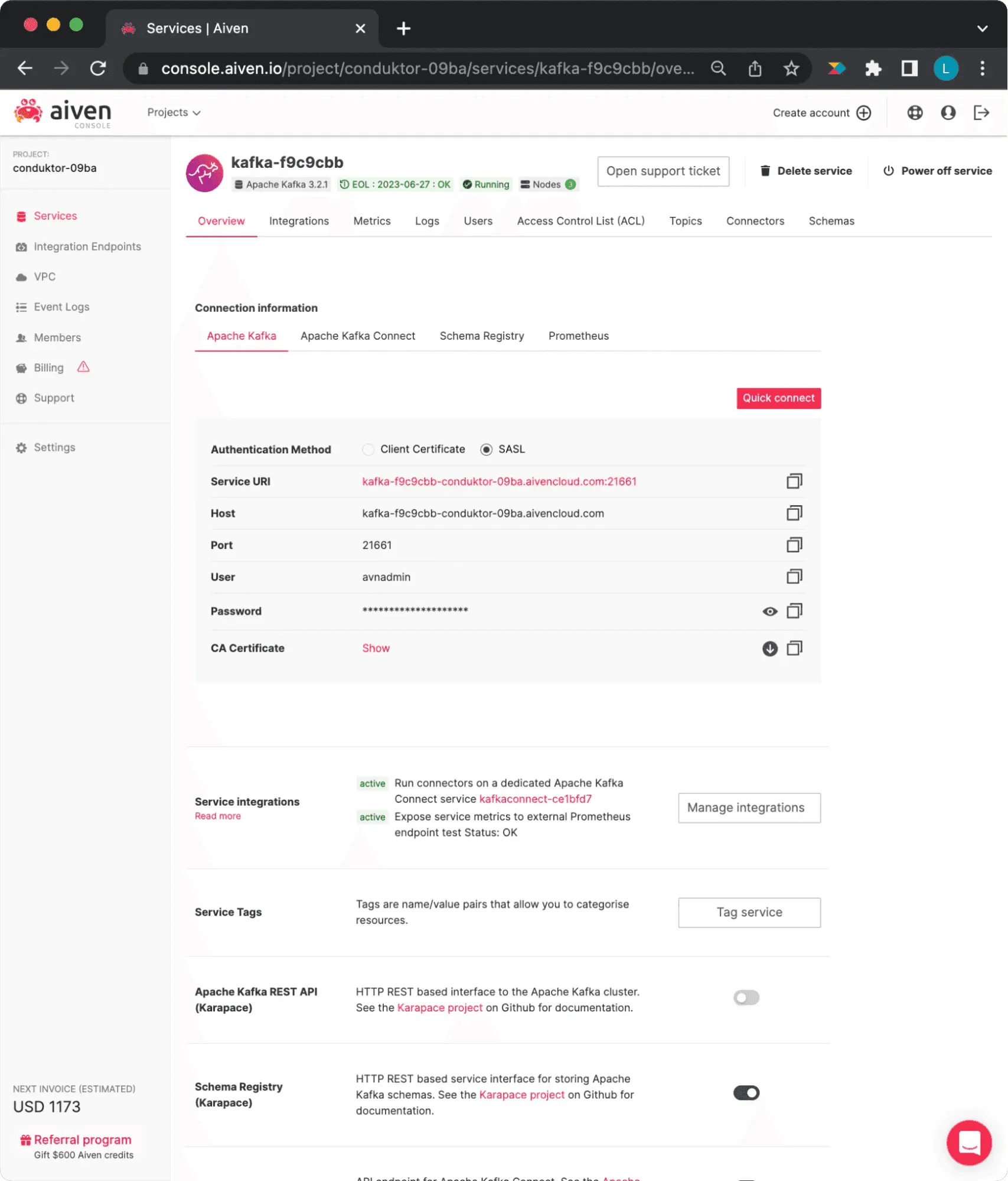 Aiven Console screen showing Kafka cluster connection information used to register the cluster in Conduktor