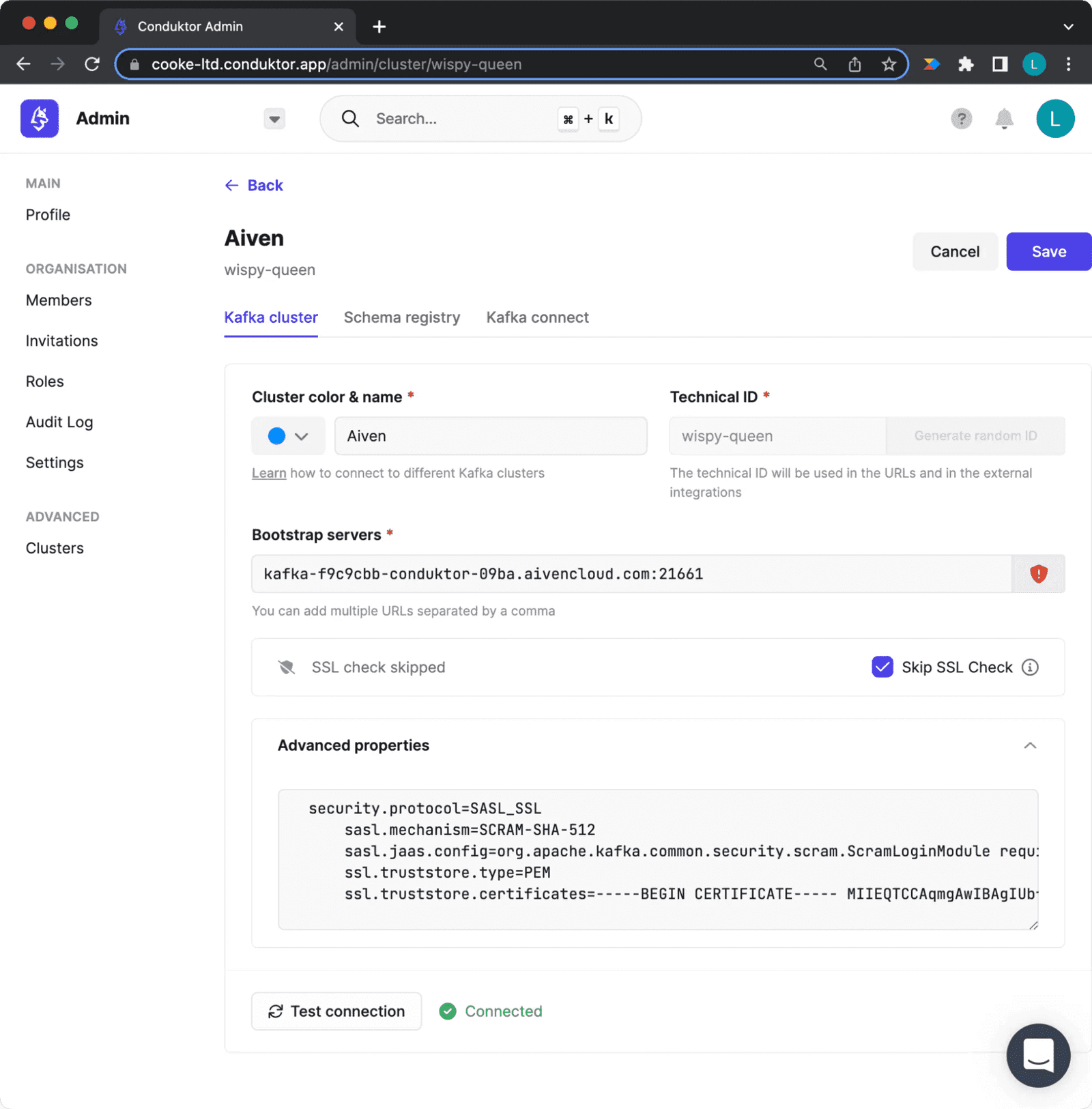 Conduktor Platform Clusters tab configured with the Aiven Kafka bootstrap server and SASL_SSL settings