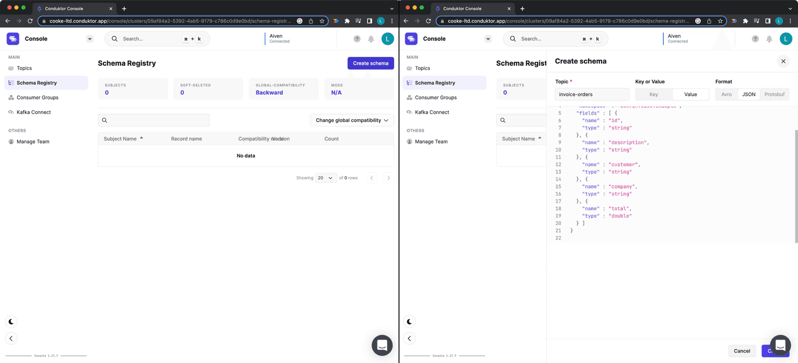 Conduktor Schema Registry editor with the Invoice Avro schema imported, defining id, description, customer, company and total fields