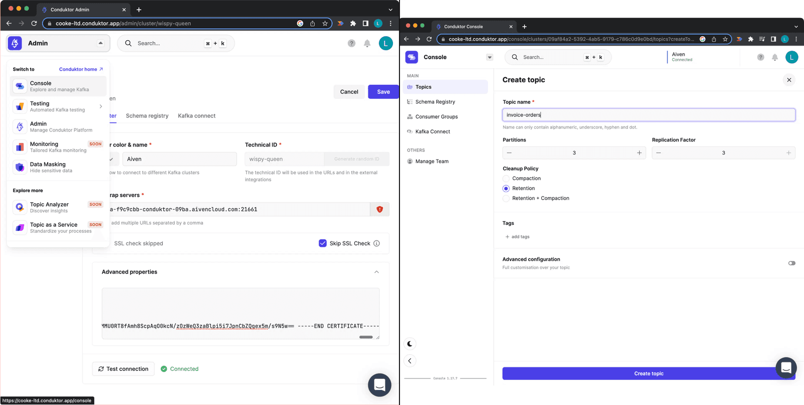 Conduktor Platform Create Topic dialog setting the 'invoice-orders' topic name and partition options