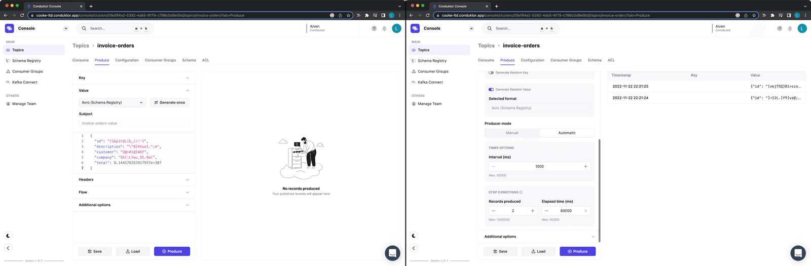 Conduktor Platform producing messages to the invoice-orders topic with one-off or continuous flow options
