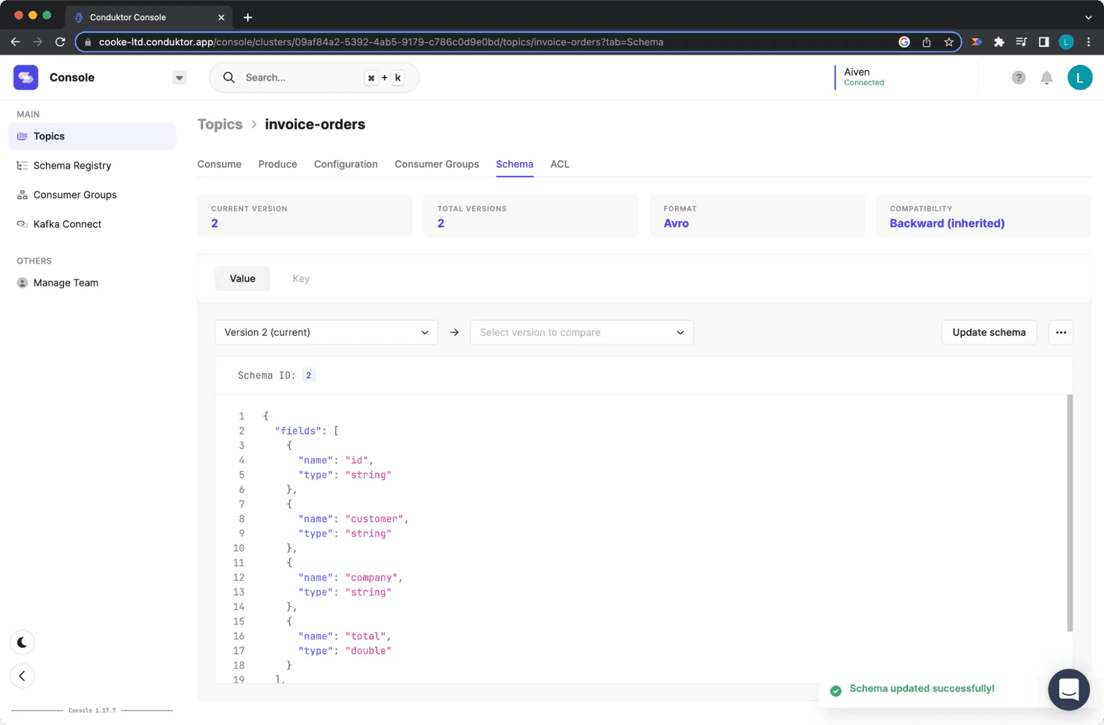 Conduktor schema view showing the updated invoice schema after a successful compatibility check