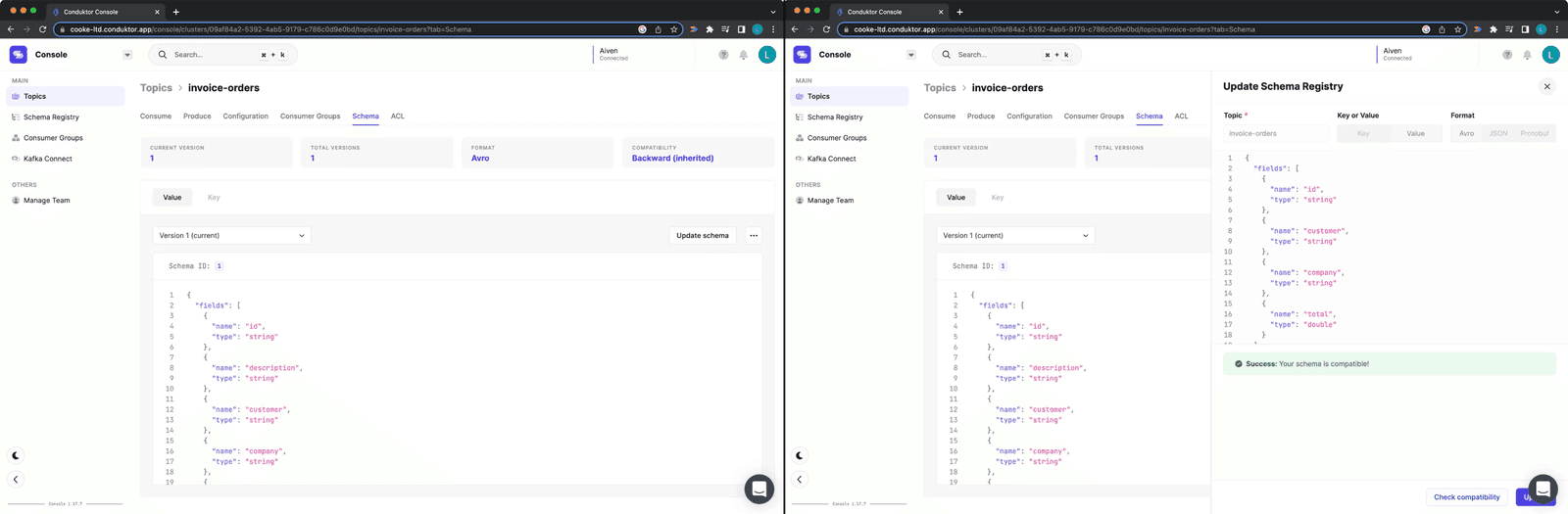 Conduktor schema editor: removing the description field and running a compatibility check before saving the new version