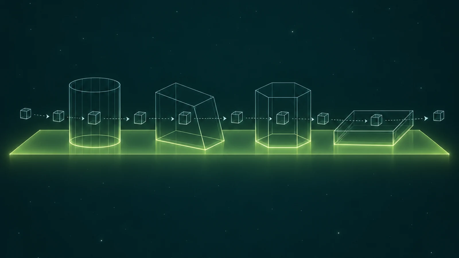 Wireframe data packets fly left to right through a row of distinct isometric vessels while a single lime plane of light runs underneath all of them.