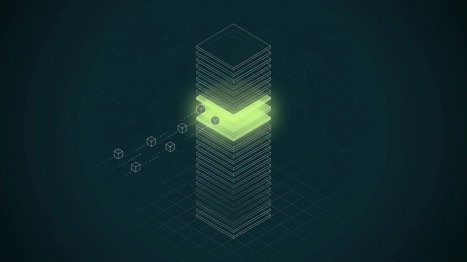 Isometric wireframe stack of partition shards on a dark teal background; most slats sit empty and dim while two glow lime as data-packet cubes stream into them