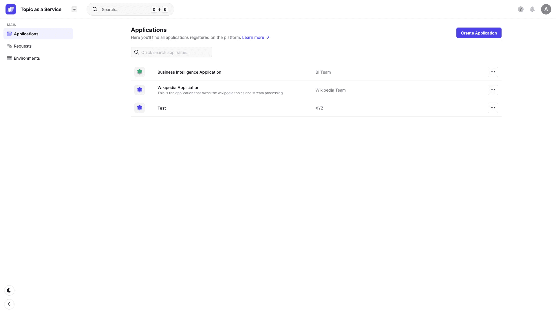 Conduktor Topic as a Service dashboard listing applications (Business Intelligence, Wikipedia, Test) with owning teams and a Create Application button