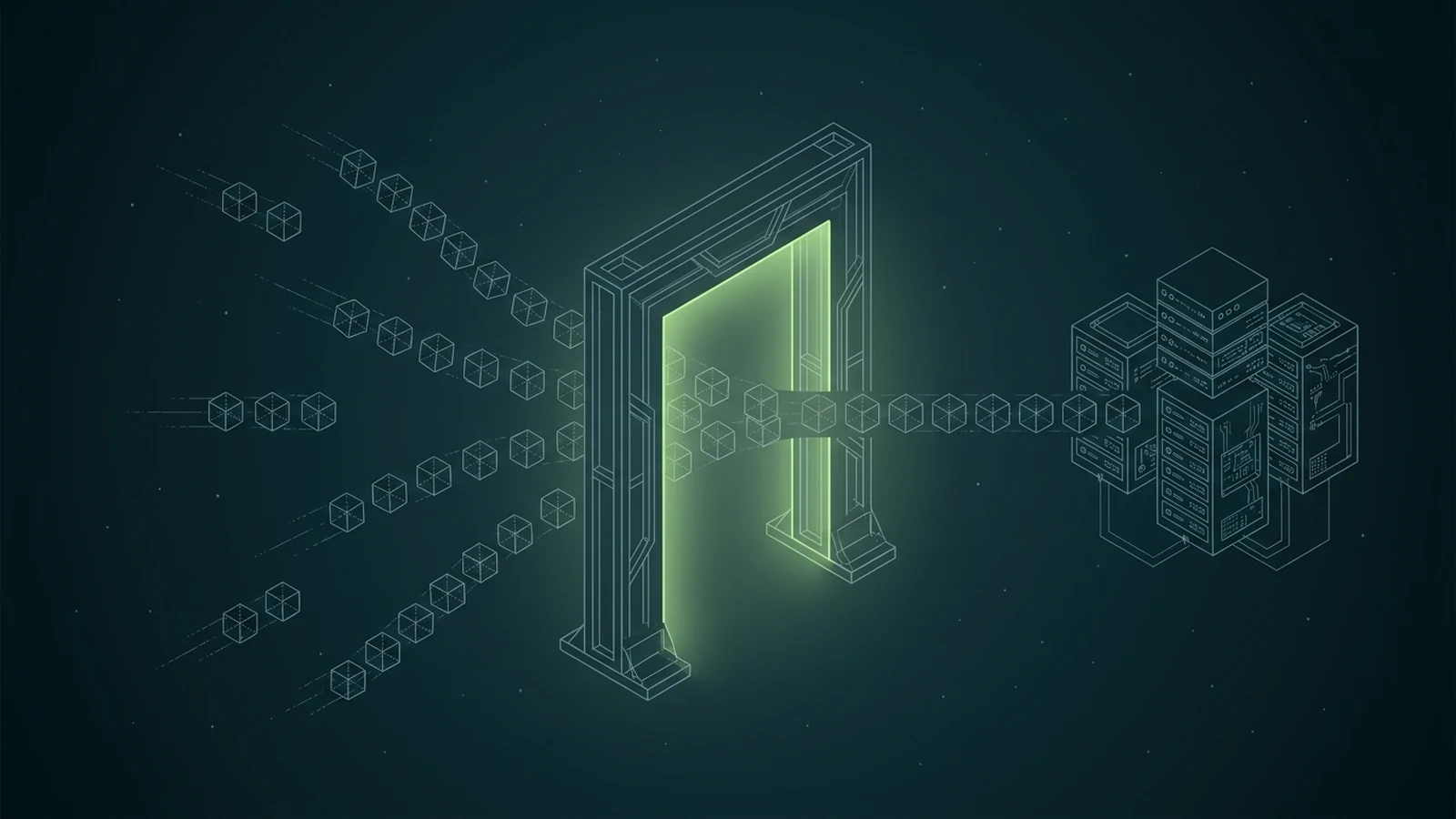 Wireframe line-art: several streams of data-packet cubes fly in from the left, pass through one glowing gateway in the center, and continue as a single ordered stream into a Kafka broker cluster on the right.