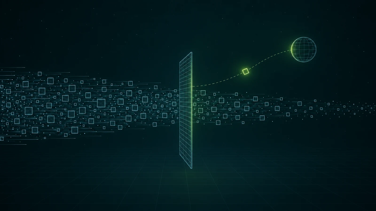 A dense stream of small wireframe squares flows left to right through a vertical grid sieve; one square, glowing lime, leaves the stream and travels along a dashed line to a single spherical node.