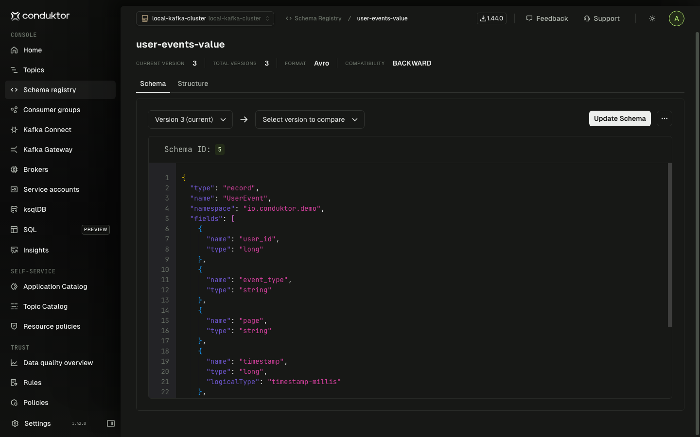 Schema Registry showing user-events-value version 3 with BACKWARD compatibility