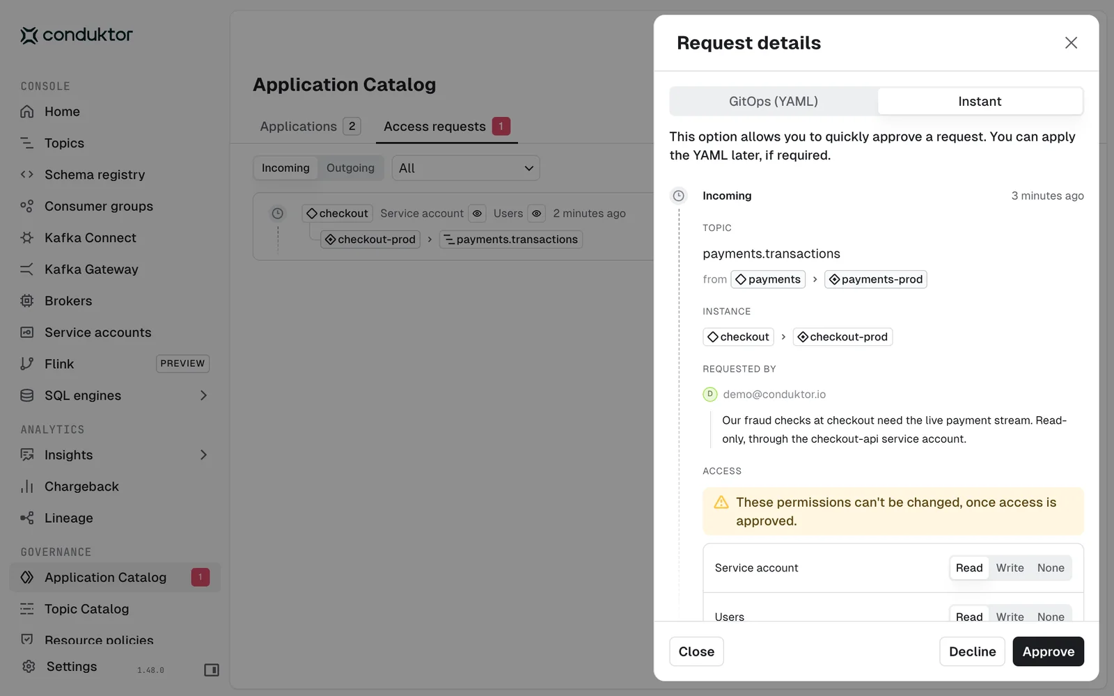 The Payments team reviewing a request from the Checkout team to read payments.transactions, with the reason they gave