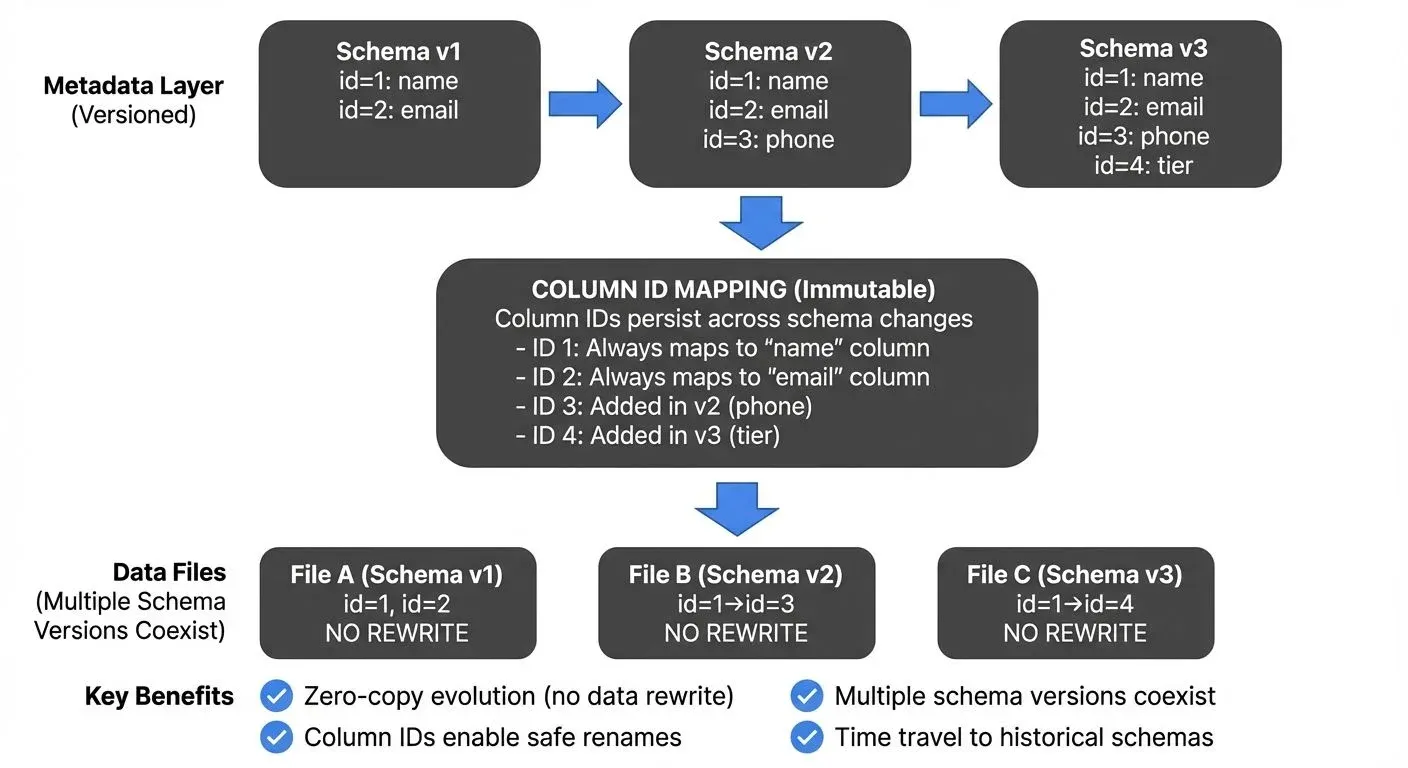 Schema evolution architecture showing metadata versioning and column mapping