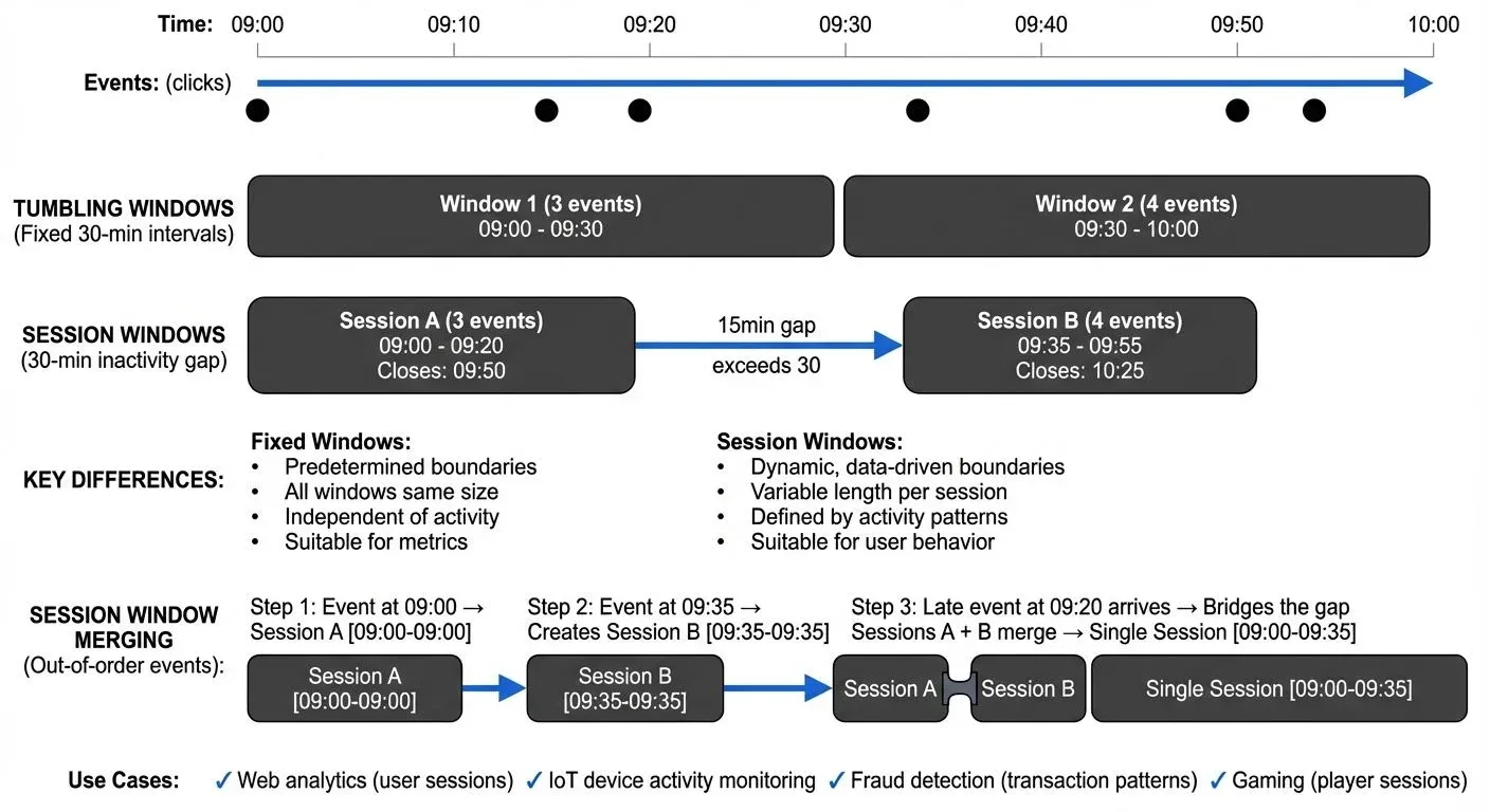 Session window behavior showing dynamic grouping by activity gaps