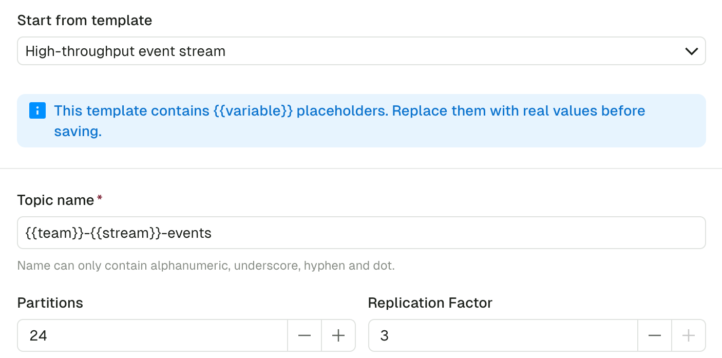 The Create topic form in Console with the High-throughput event stream template selected: a notice to replace its {{variable}} placeholders, the topic name {{team}}-{{stream}}-events, 24 partitions and replication factor 3