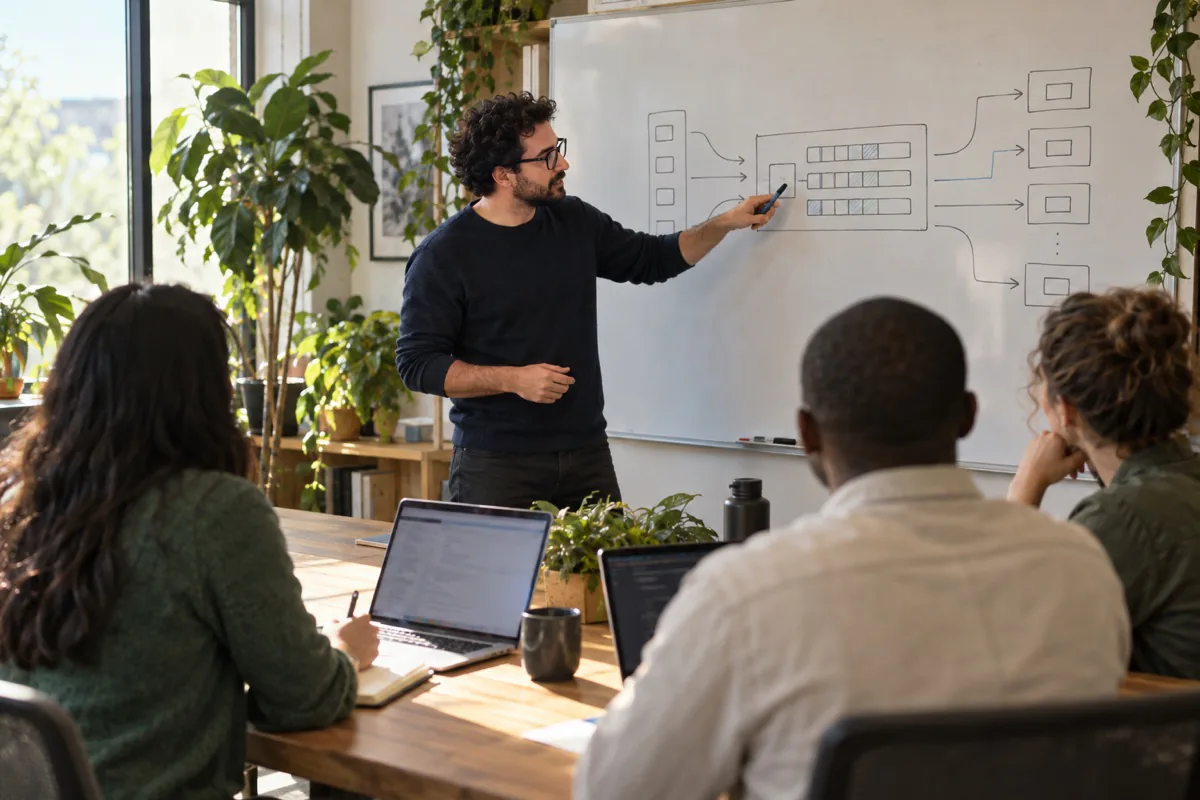 A developer explaining a Kafka data flow to his team at a whiteboard
