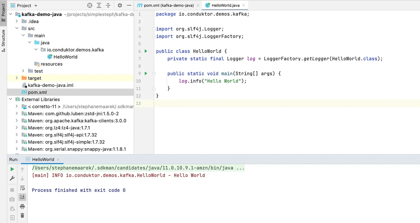 Screenshot from IntelliJ showing that we have created a sample Kafka Maven Java project that includes all required dependencies.