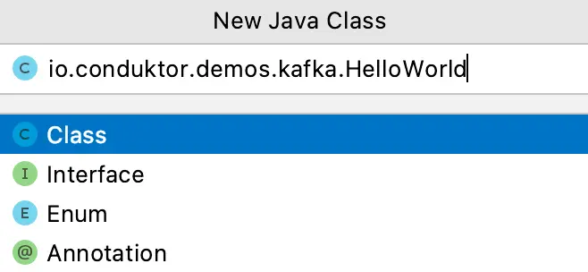 Screenshot showing the New Java Class dialog for your Kafka Gradle project