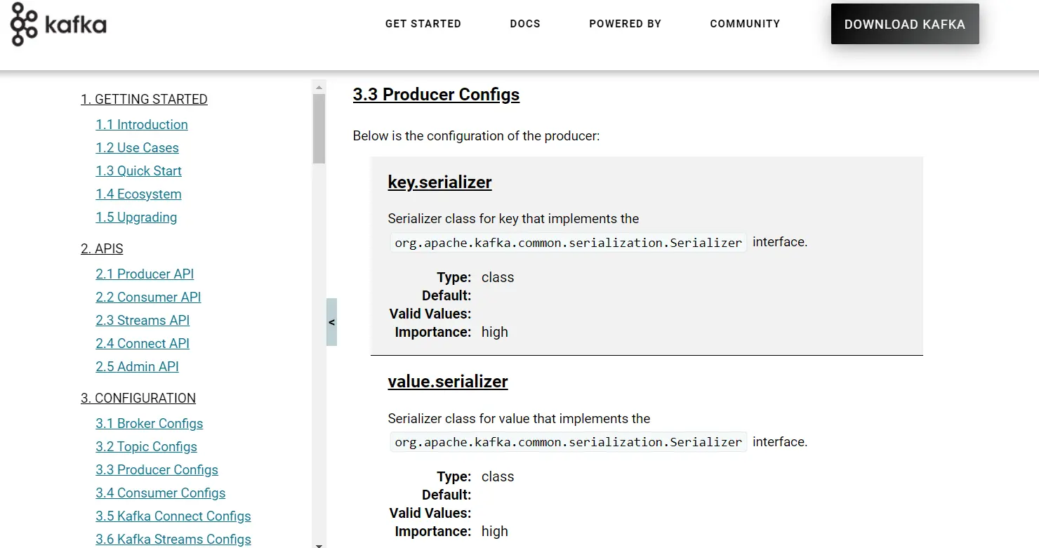 Screenshot from kafka.apache.org showing the Kafka producer properties and configurations available.