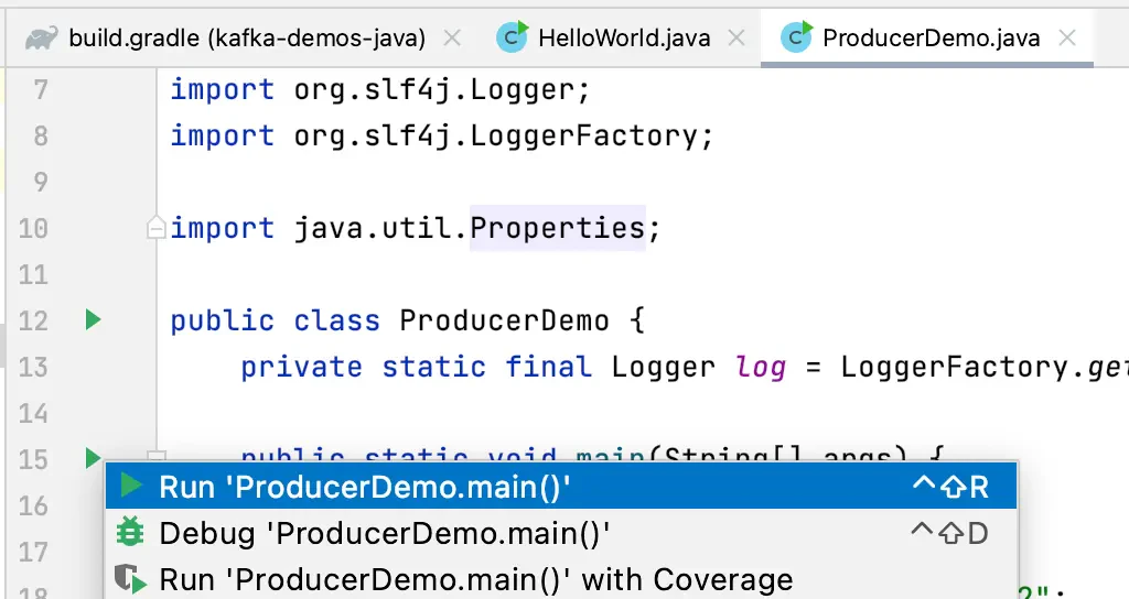 Screenshot from IntelliJ showing how to run the complete Kafka producer that we have programmed in Java.
