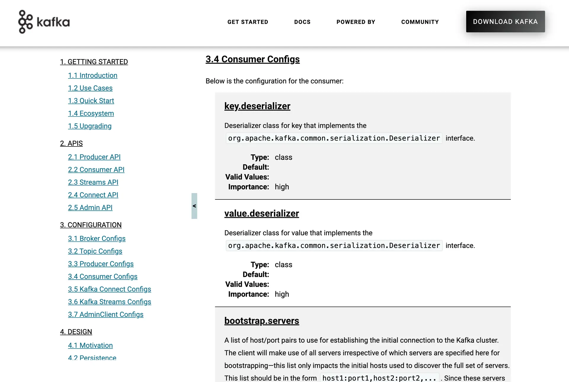 Screenshot showing Kafka Consumer properties and configurations from apache.kafka.org
