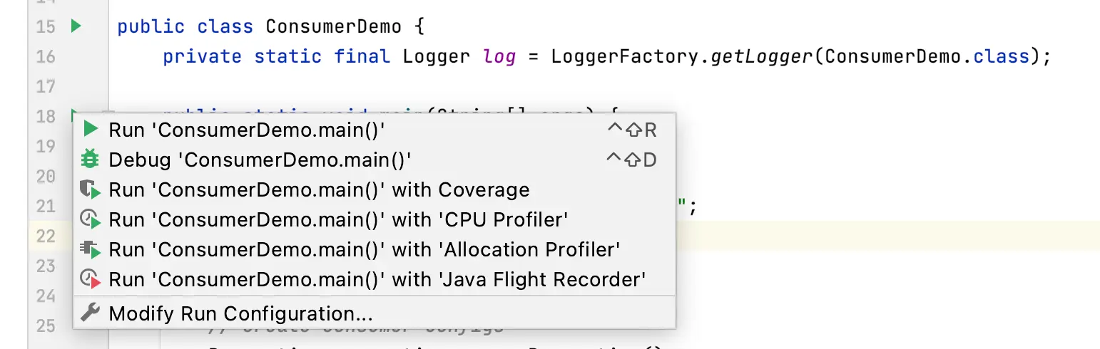 Screenshot showing how to run your Java Kafka Consumer Application in Intellij