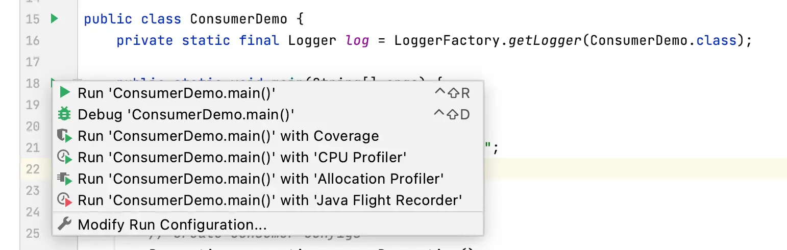Screenshot showing how to run your Java Kafka Consumer Application in Intellij
