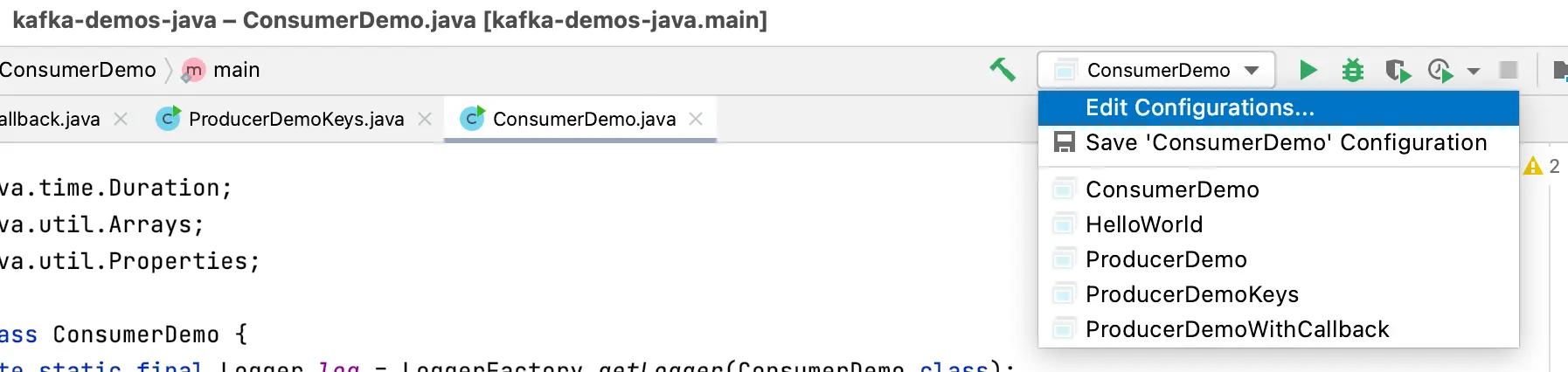 Example showing how to edit configurations in order to handle partition rebalance of your Complete Kafka Java Consumer.