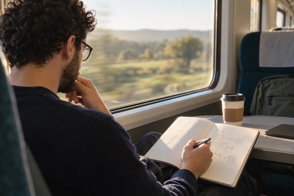 A developer on a train, sketching a data flow in a notebook