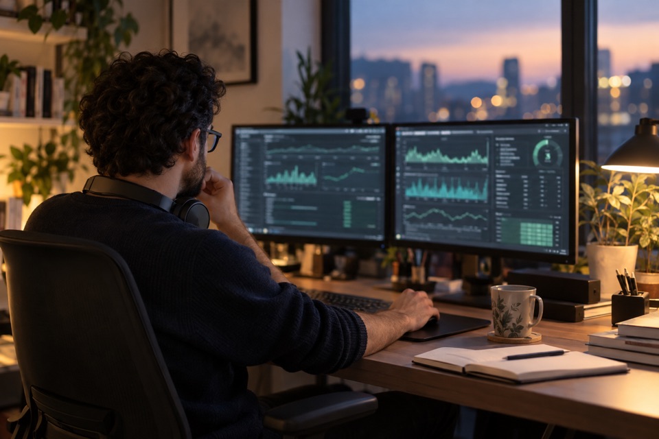 A developer watching monitoring dashboards in the evening
