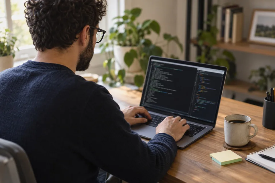 A developer at a laptop with a terminal and code open