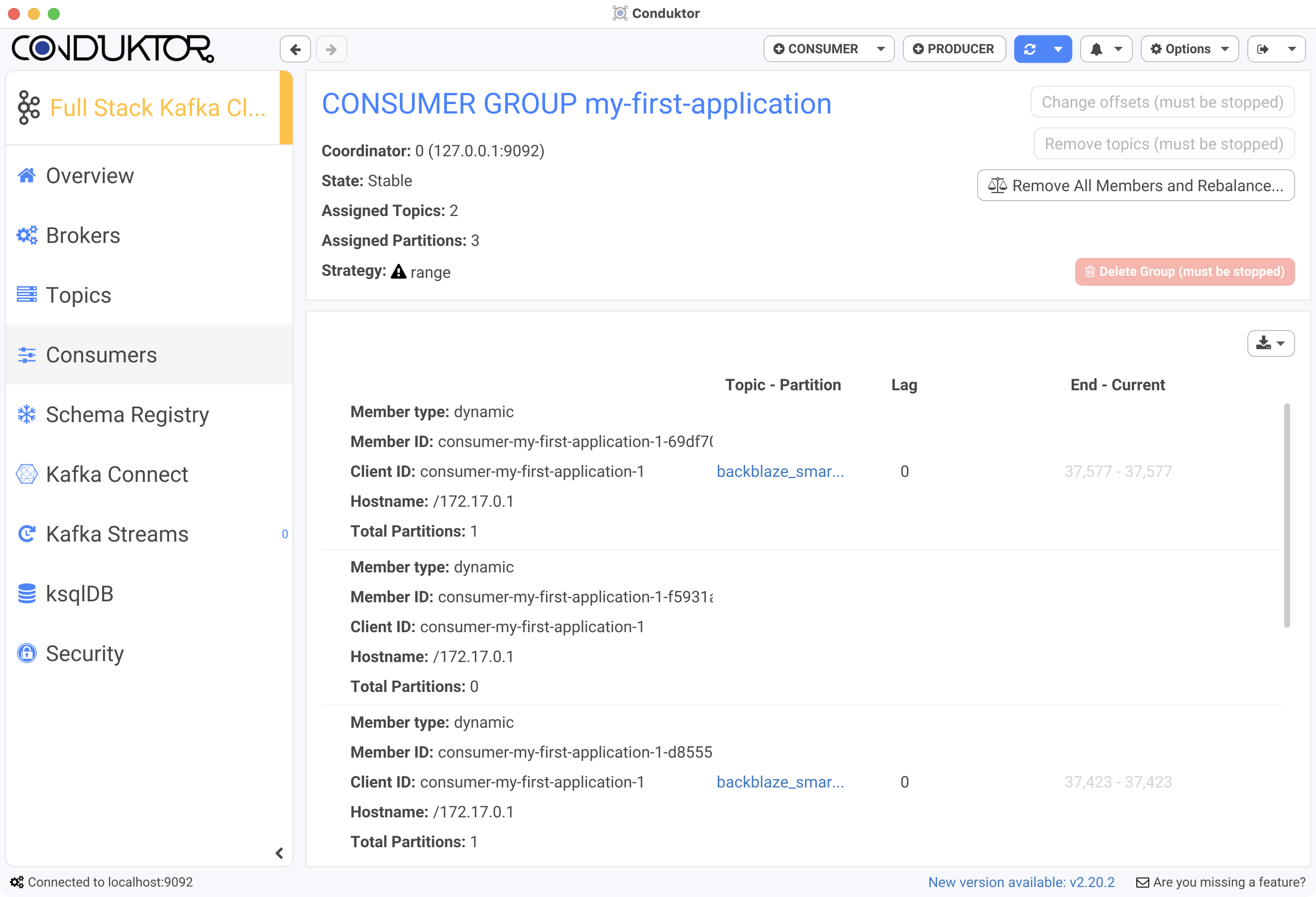 Conduktor screenshot showing Kafka Consumer Group details
