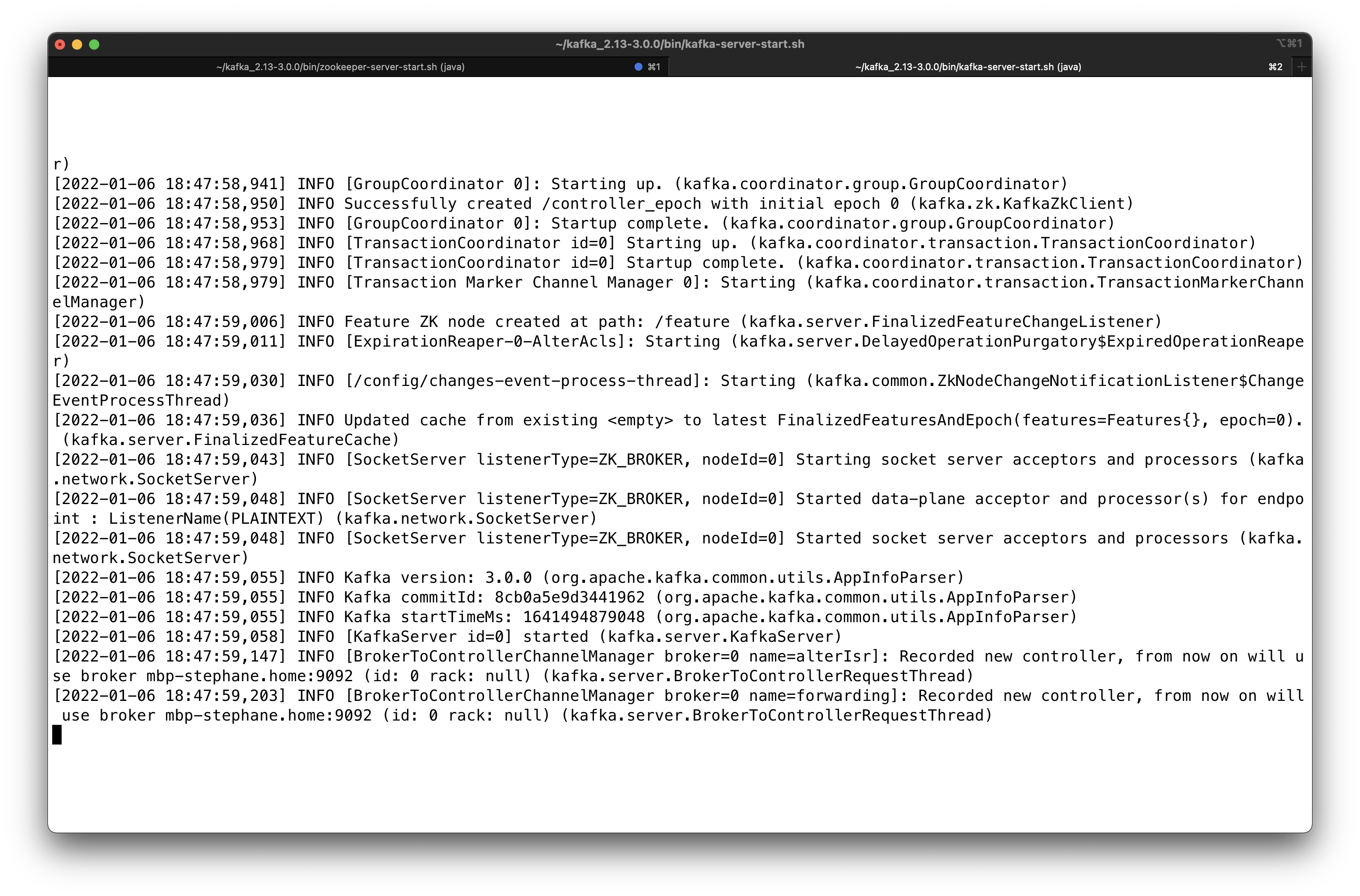 A terminal screenshot showing that Apache Kafka is now running on Mac.