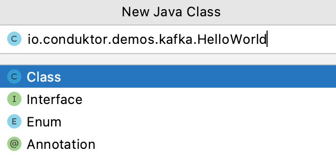 Screenshot showing the New Java Class dialog for your Kafka Gradle project