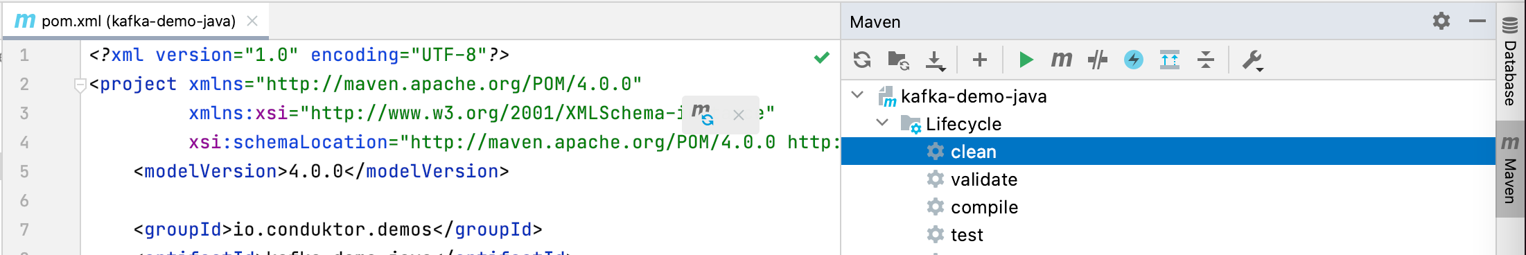 Screenshot showing the Maven Projects window on the right for our Kafka Maven project.