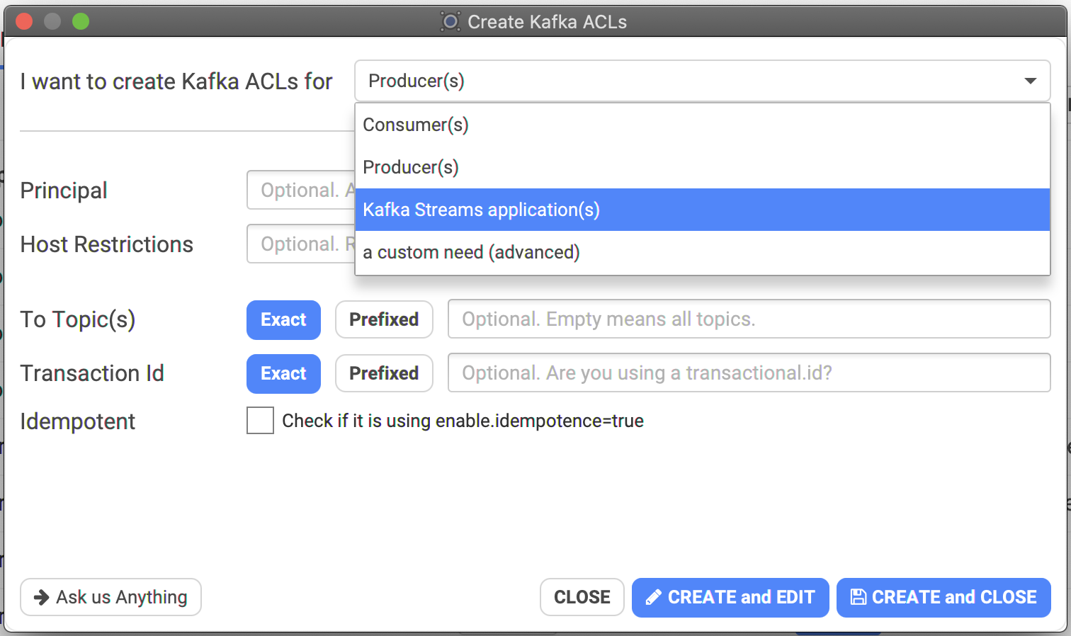 Screenshot of Kafka ACL Creation in Conduktor
