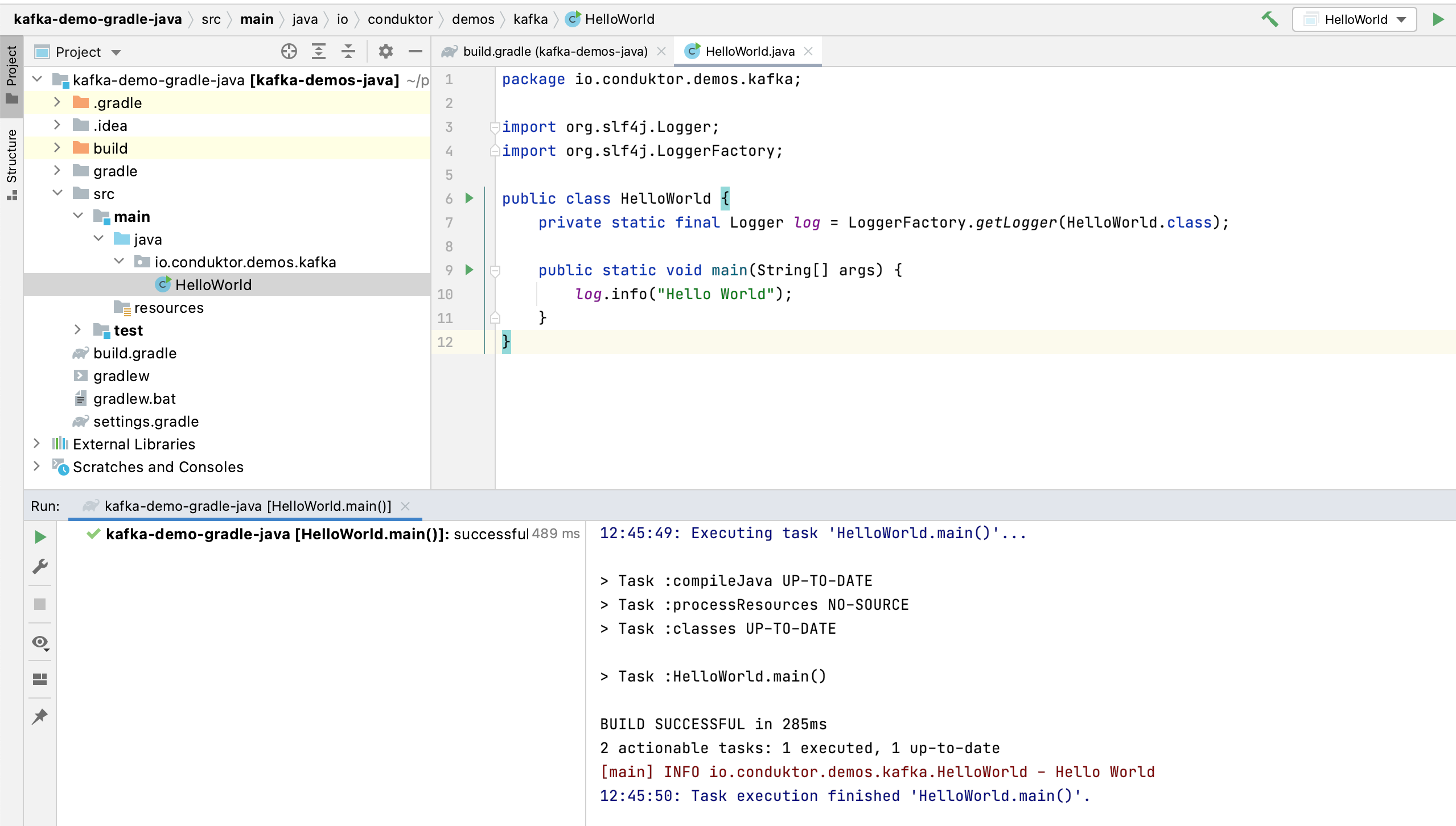 Screenshot showing successful setup of your Kafka Gradle project in Java.