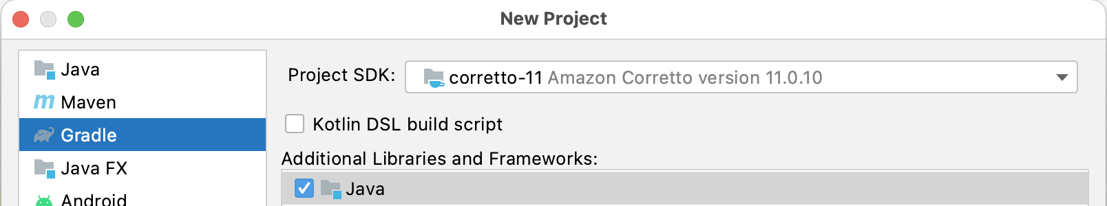 Screenshot showing how to create a new project file for your Kafka Gradle Java Porject in IntelliJ
