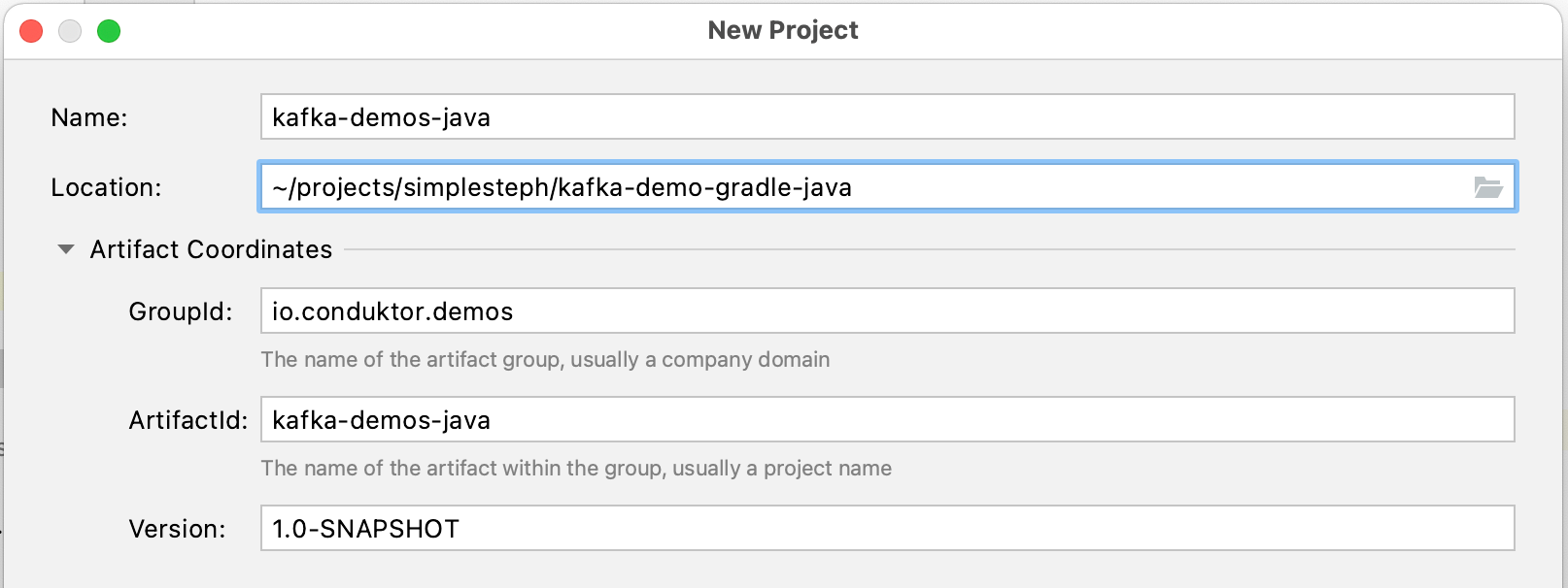 Intellij screenshot showing how to add attributes to your Kafka Gradle project in Java.