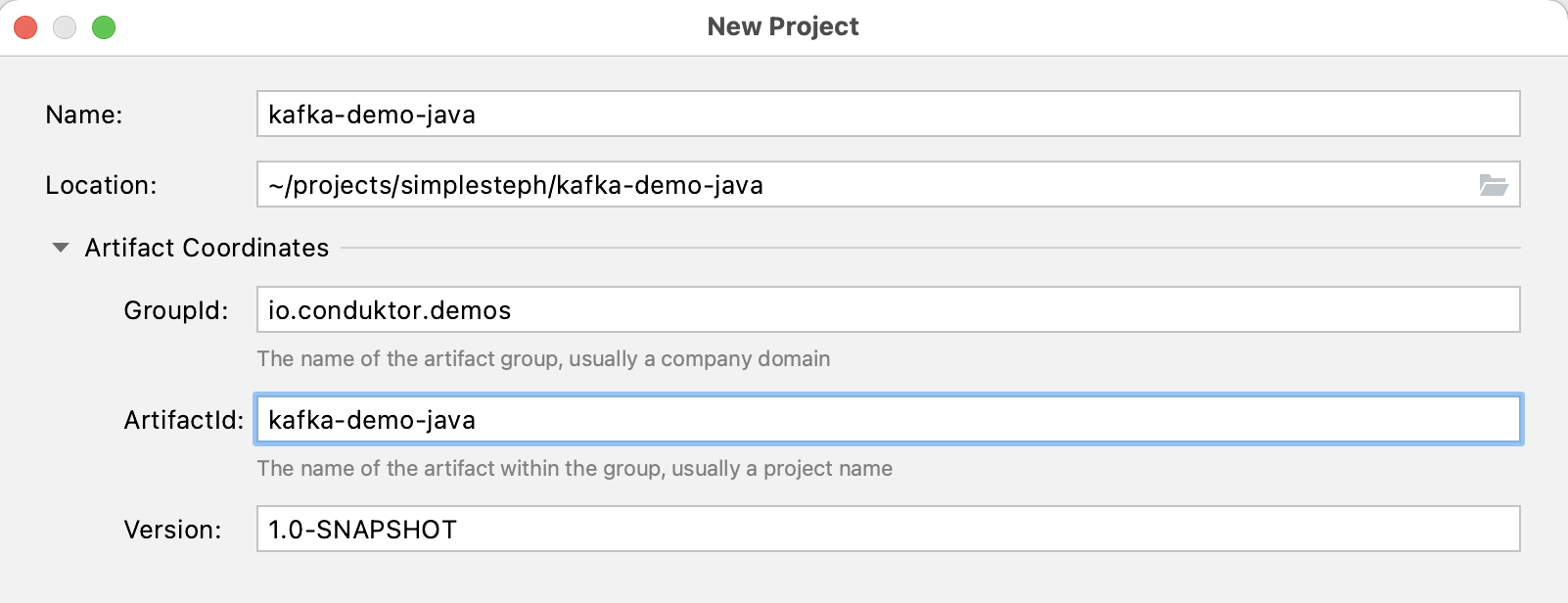 Screenshot showing the attributes for your Kafka Demo Java project in Maven ((pom.xl) via IntelliJ IDEA.